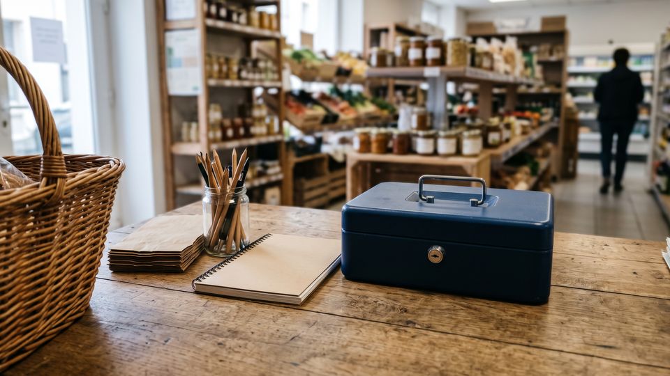 Comptoir en bois d'un commerce de quartier avec une boîte à monnaie fermée et un carnet à spirale
