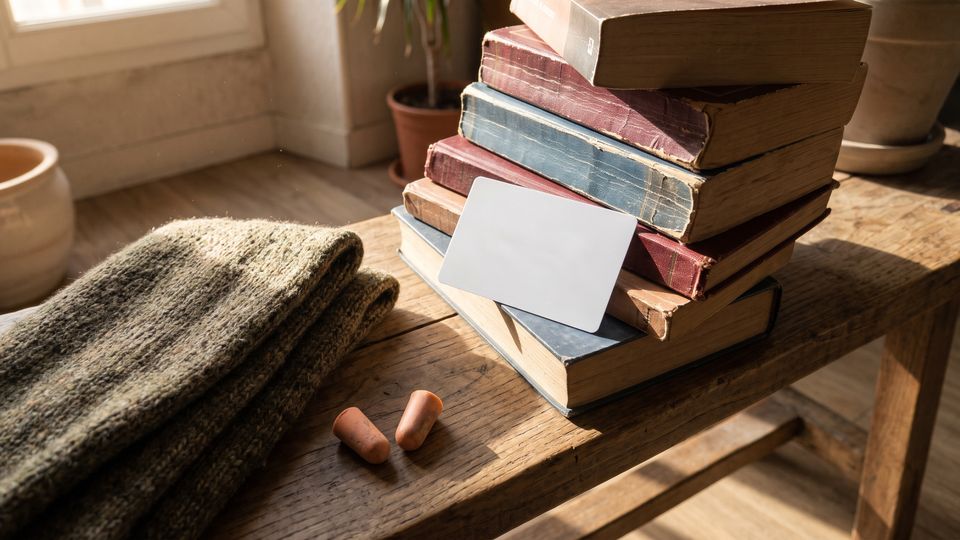 Carte cadeau unie sans inscription posée sur une pile de livres d'occasion aux tranches usées