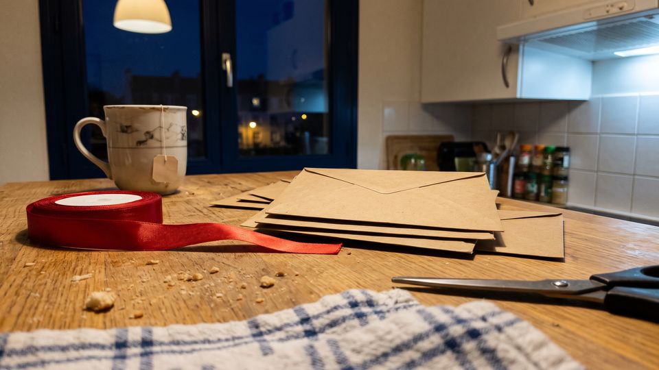 Enveloppes en papier kraft et ruban rouge à moitié déroulé sur une table de cuisine le soir