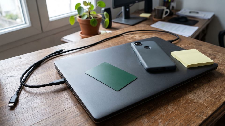 Carte cadeau vert foncé sans inscription posée sur un ordinateur portable fermé, téléphone retourné à côté